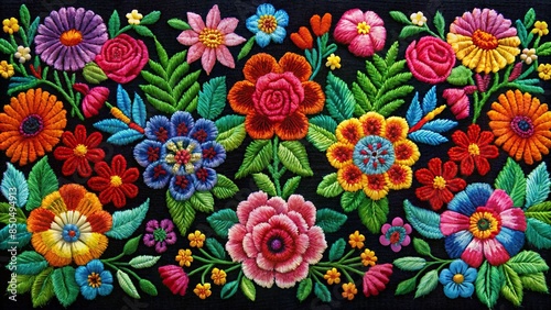 Mexican textile broidery floral composition on black background with colorful embroidered flowers photo