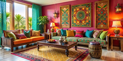 Modern Indian living room with vibrant colors, intricate patterns © tammanoon