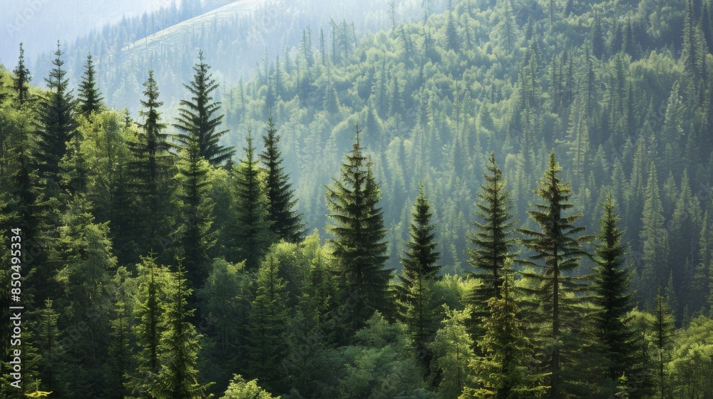 A serene image capturing the dense fog among the coniferous trees on a sloping hill, bringing a sense of calm and mystery A serene image capturing the dense fog among the coniferous trees on a sloping hill, bringing a sense of calm and mystery