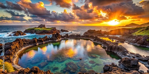 Dramatic sunset over natural pools at Biscoitos in Terceira Island, Azores, Portugal, sunset, natural pools, Biscoitos photo