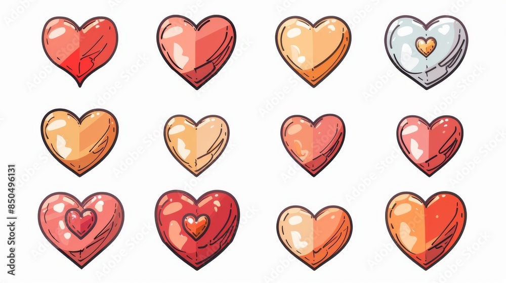 Various illustrated hearts featuring warm colors and different expressions and details Various illustrated hearts featuring warm colors and different expressions and details