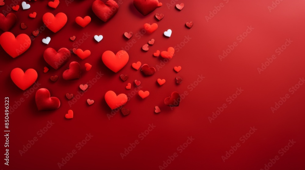 Obraz premium Assortment of hearts in multiple sizes with glitter effect on a bright red background, suitable for celebrations