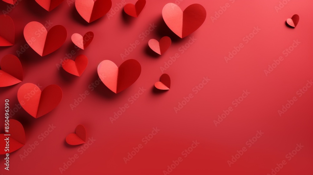 Paper-made hearts with light and shadow effects on a minimal red background, simple and elegant