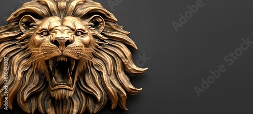 A statue of a brown lion's head on a black background photo