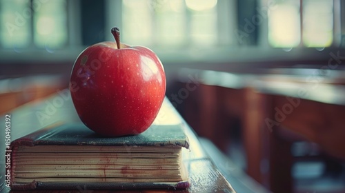 A Red Apple Resting on a Textbook in a Classroom