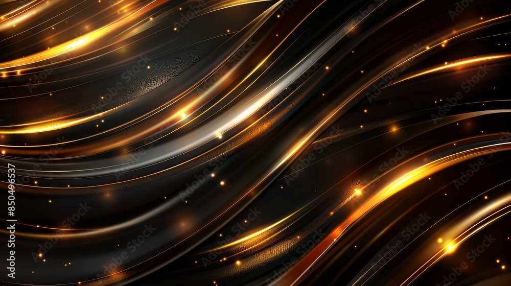 Obraz premium Radiant Abstract Artwork with Flowing Gold and Black Light Streaks and Sparkles.