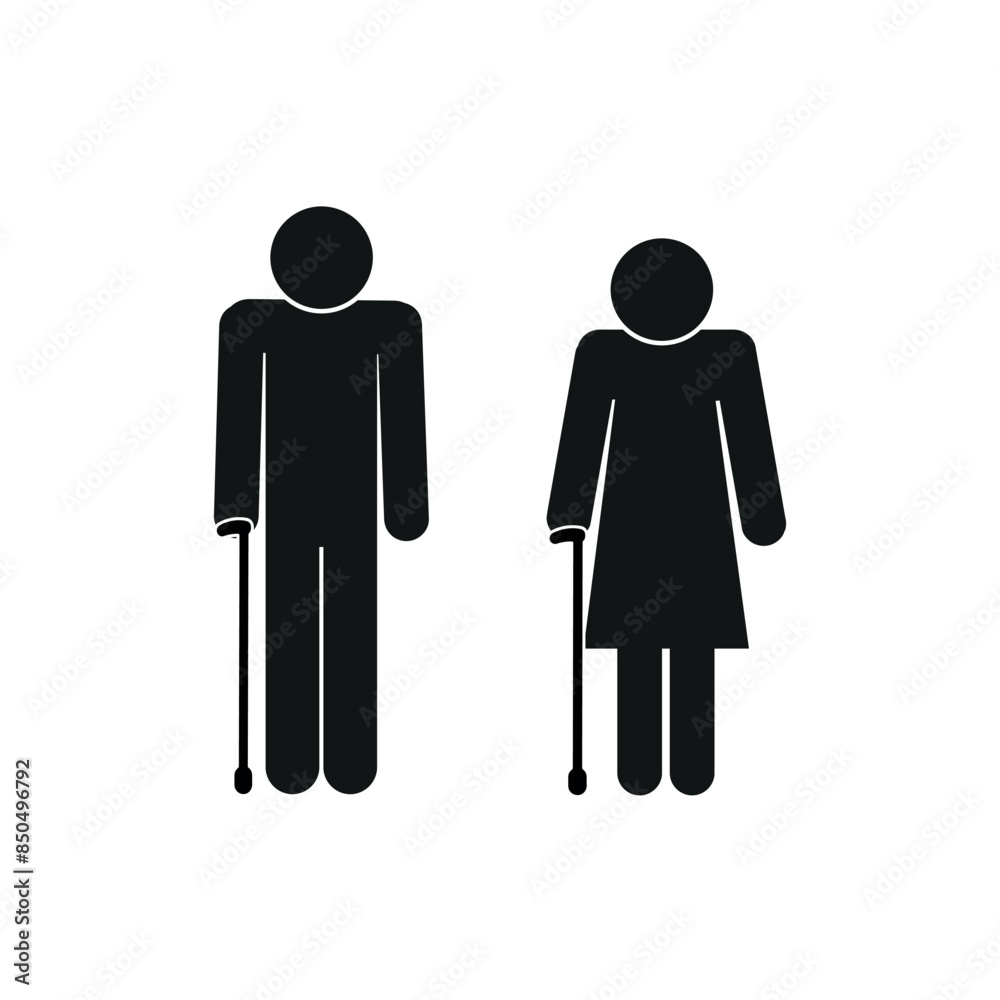 icons of figures of elderly people, symbols of health status, people with crutches, flat vector illustration