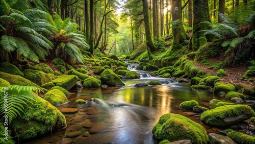 Forest scene with a small creek, moss, ferns, and rocks, nature, green, trees, water, stream, serene, tranquil, peaceful