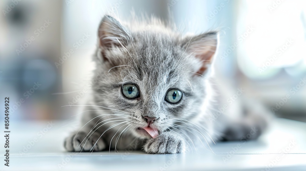 Adorable gray kitten with piercing green eyes lounges on a white table. The cute, fluffy cat playfully licks its lips. Plenty of room for your own text. Adorable gray kitten with piercing green eyes lounges on a white table. The cute, fluffy cat playfully licks its lips. Plenty of room for your own text.