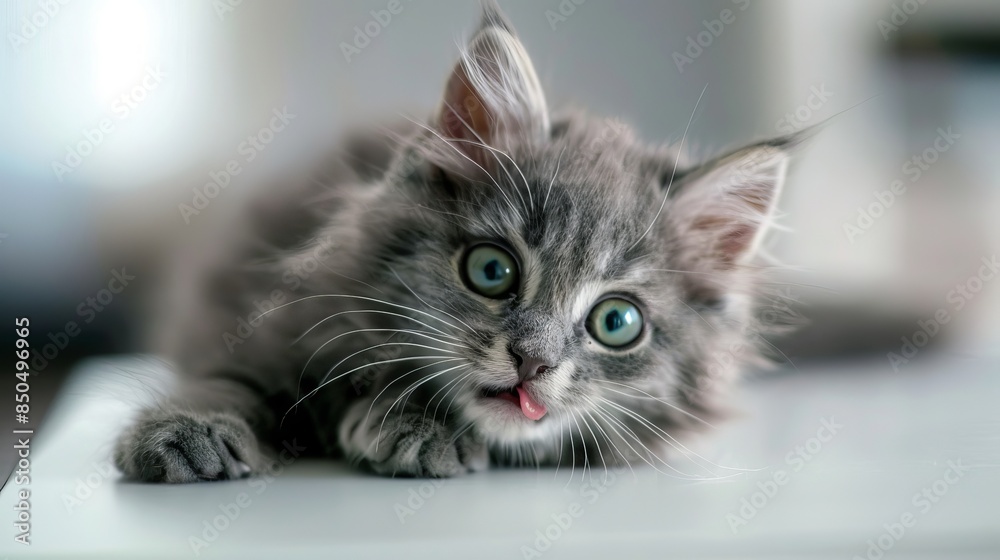 Adorable gray kitten with piercing green eyes lounges on a white table. The cute, fluffy cat playfully licks its lips. Plenty of room for your own text. Adorable gray kitten with piercing green eyes lounges on a white table. The cute, fluffy cat playfully licks its lips. Plenty of room for your own text.