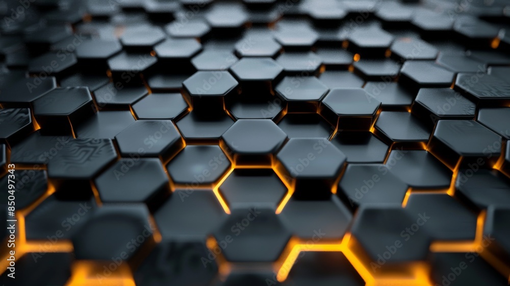 A macro shot of a black honeycomb pattern with selective orange lighting hinting at complexity and connectivity A macro shot of a black honeycomb pattern with selective orange lighting hinting at complexity and connectivity