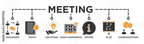 Meeting banner web icon vector illustration for business meeting and discussion with communications, topics, solutions, plan, inform and video conference icon