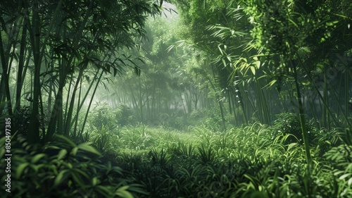 Thick bamboo stalks rise towards the sky. The dense foliage creates a green oasis.