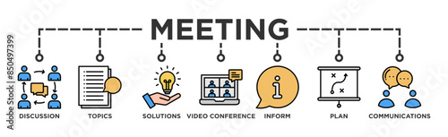 Meeting banner web icon vector illustration for business meeting and discussion with communications, topics, solutions, plan, inform and video conference icon