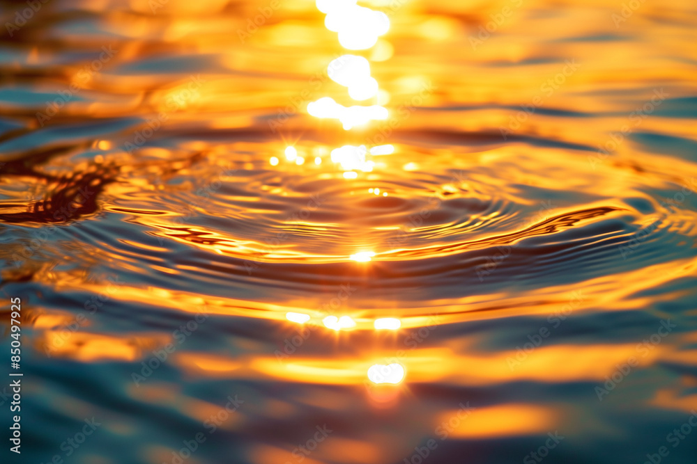 Ripples on surface of golden water with rising sun glow brightly shining through.
Ripples on surface of golden water with rising sun glow brightly shining through.