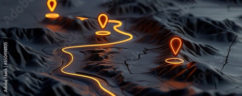 Three map pins and a neon yellow line mark an area on the three-dimensional map