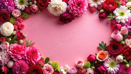 Border of beautiful Valentine flowers in pink, red, and white tones, Valentine, flowers, border, arrangement, romantic © guntapong