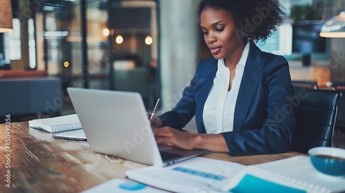 Young African American business woman sitting at working desk in office using laptop computer browsing online banking website updating personal details and taking notes in notebook : Generative AI photo