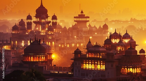 Ornate Indian palaces glow at sunset, casting a golden hue over ancient architecture and rich history. photo