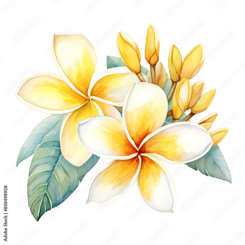 Fototapeta premium Beautiful watercolor illustration of plumeria flowers with green leaves. Ideal for floral-themed designs and nature-related projects.