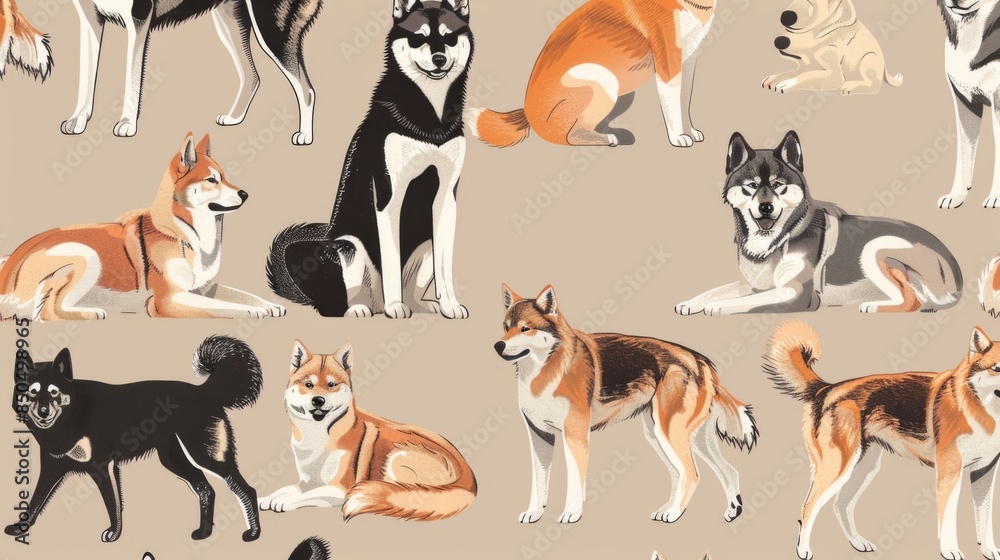 Fototapeta premium A playful array of Shiba Inu dogs in different stances set against a light beige background, perfect for playful decor themes