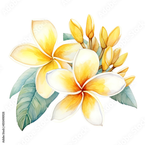 Beautiful watercolor illustration of plumeria flowers with green leaves. Ideal for floral-themed designs and nature-related projects.