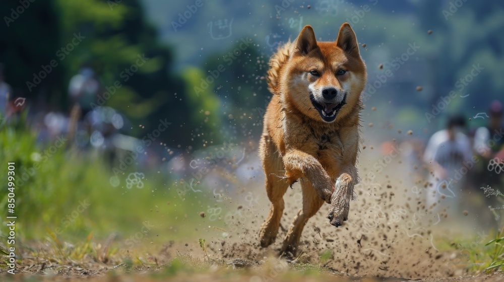 Naklejka premium A dynamic photograph of a dog enthusiastically racing through dusty countryside terrain, kicking up dirt
