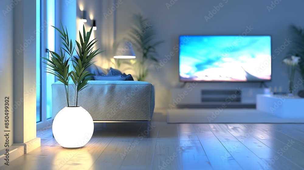 3d Rendering of Modern Living Room Interior With Smart Tv Sofa Floor Lamp And Potted Plant : Generative AI 3d Rendering of Modern Living Room Interior With Smart Tv Sofa Floor Lamp And Potted Plant : Generative AI