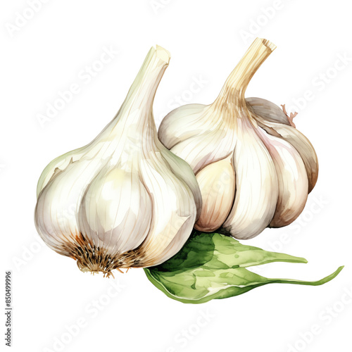Watercolor illustration of two garlic bulbs with green leaves. Ideal for culinary, natural health, and cooking related projects.
