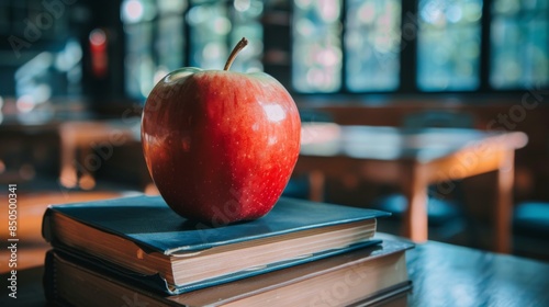 Red Apple on Top of Books in Empty Classroom