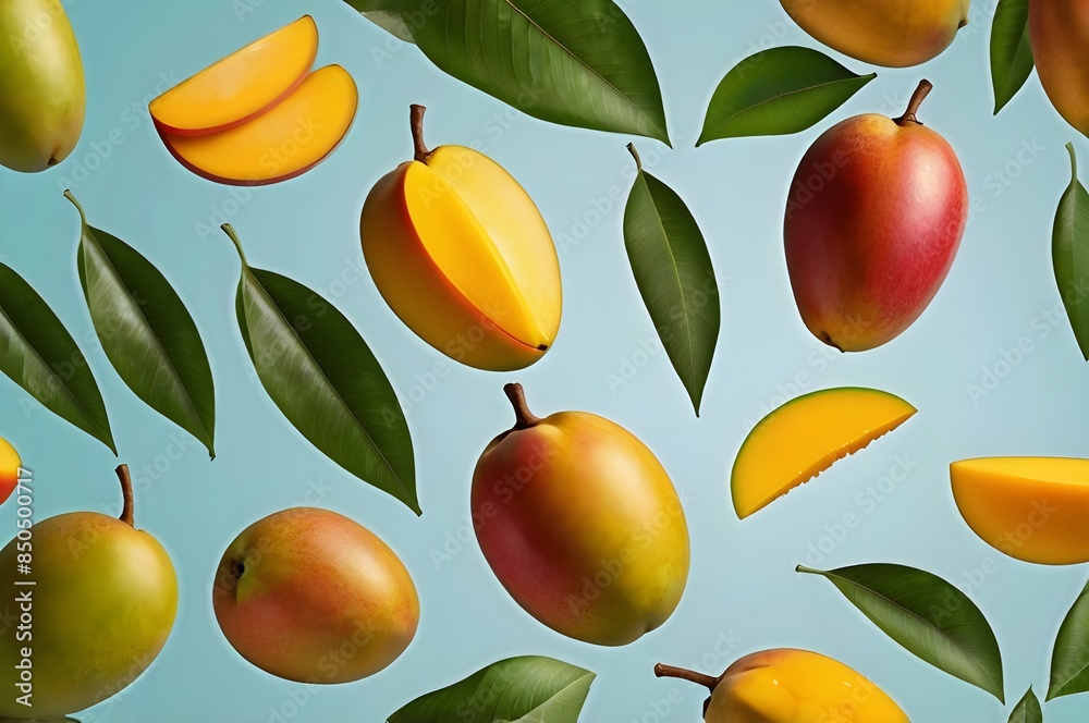 Mango with half slices falling or floating in the air with green leaves isolated on background, Fresh organic fruit with high vitamins and minerals. Mango with half slices falling or floating in the air with green leaves isolated on background, Fresh organic fruit with high vitamins and minerals.