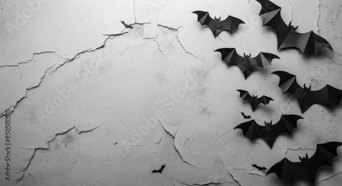Black Paper Bats Decorated on a Cracked White Wall
