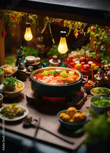 Miniature harvest scene, Sichuan hotpot restaurant chefs making food, people at work, creative photography posters, miniature photography, beautiful lighting, emphasis lighting, global lighting surrea photo