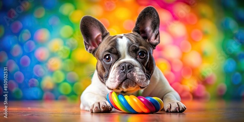 French Bulldog playing with vibrant toy in colorful background, French Bulldog, playing, toy, vibrant, colorful, setting, pet © guntapong