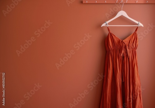 Orange Dress Hanging On A White Hanger Against A Red Wall