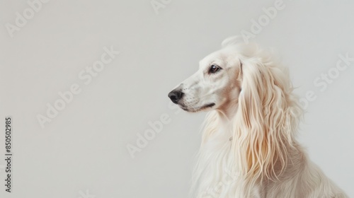 Profile of a majestic Afghan Hound with luscious white fur, exuding grace and nobility