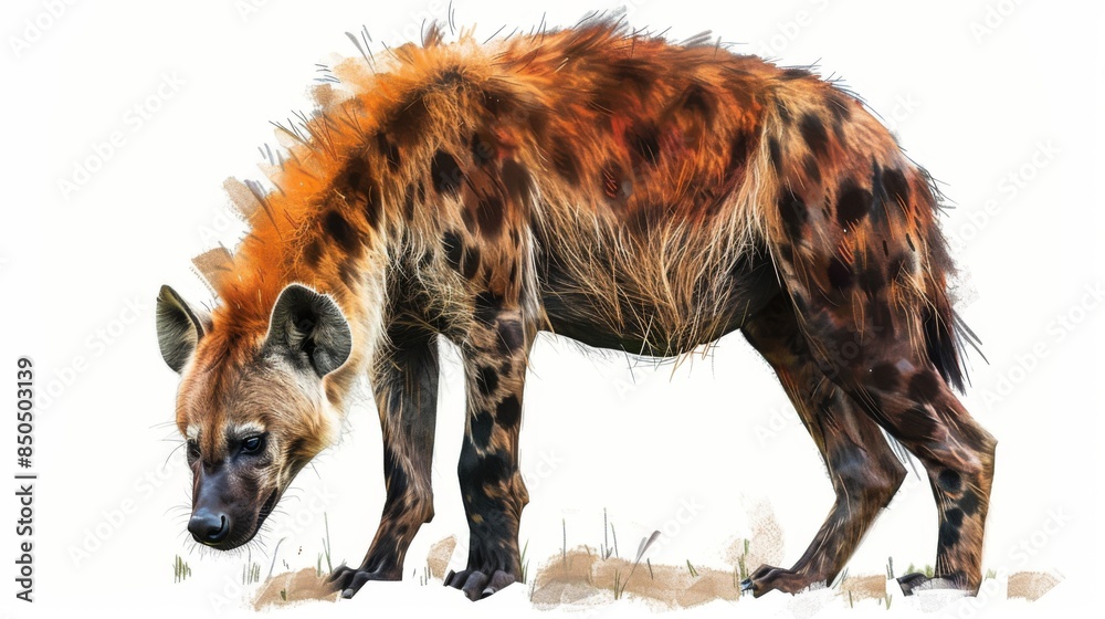 Illustration of a spotted hyena standing with a detailed and realistic style against a clean white background Illustration of a spotted hyena standing with a detailed and realistic style against a clean white background