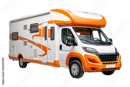 Modern Orange and White RV. A vibrant orange and white modern RV, perfect for adventurous road trips. Isolated on a transparent background