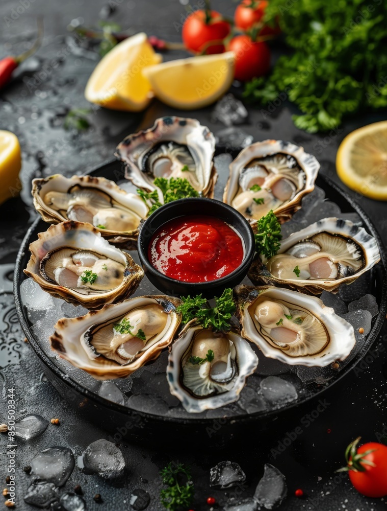 Fresh Oysters on Ice With Cocktail Sauce and Lemons Fresh Oysters on Ice With Cocktail Sauce and Lemons