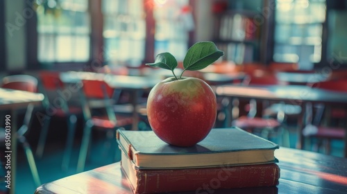 Red Apple on Top of Books in Empty Classroom