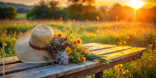 Straw hat and wildflower bouquet on wooden bench at sunset in summer field, straw hat, bouquet, wildflowers