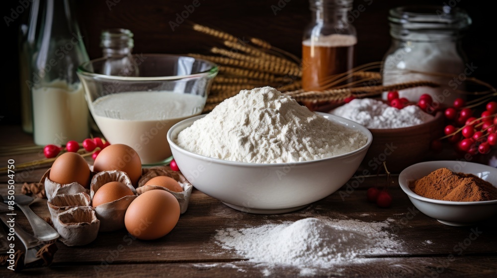 Fototapeta premium Flour in a large bowl with milk, eggs, and spices for baking, displayed on wood