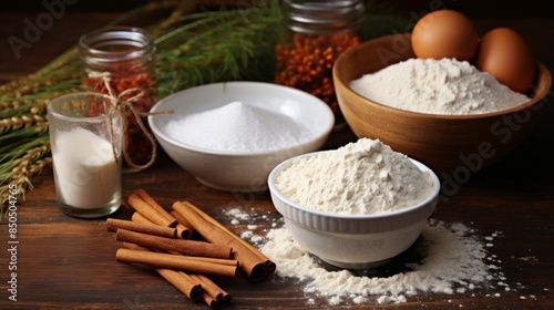 Flour, sugar, milk, and cinnamon among the ingredients for baking on a wooden table