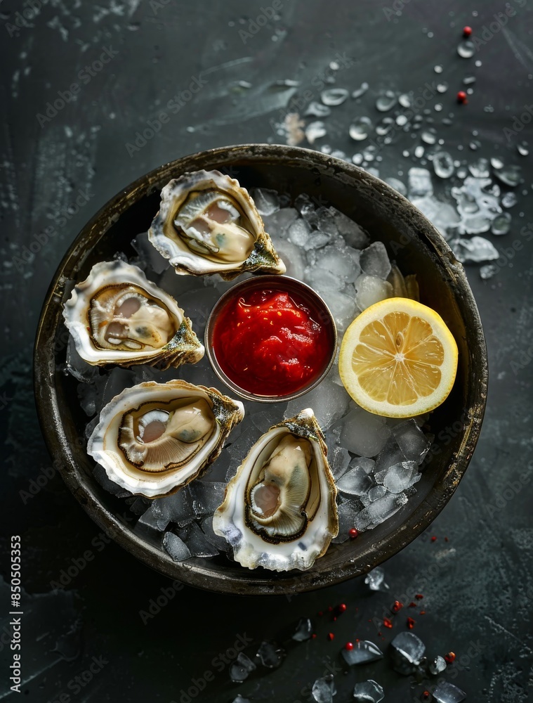 Fresh Oysters On Ice With Lemon and Red Sauce Fresh Oysters On Ice With Lemon and Red Sauce