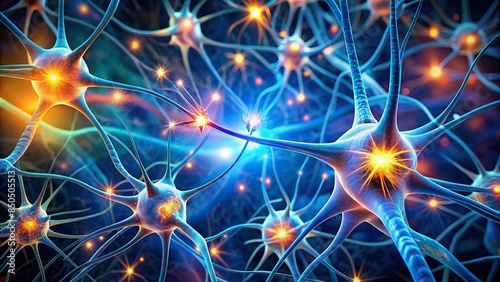 Neuron cells with synapses and axons transmitting electrical signals photo