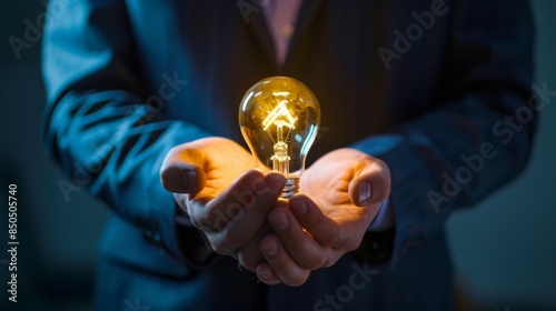 A person's hands carefully holding an illuminated light bulb against a dark background
