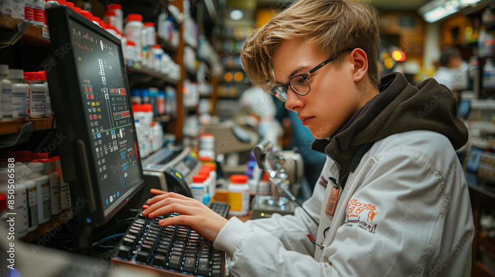 Pharmacist using a computer to look up medication information. Pharmacist using a computer to look up medication information.