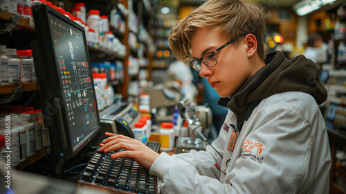 Pharmacist using a computer to look up medication information.