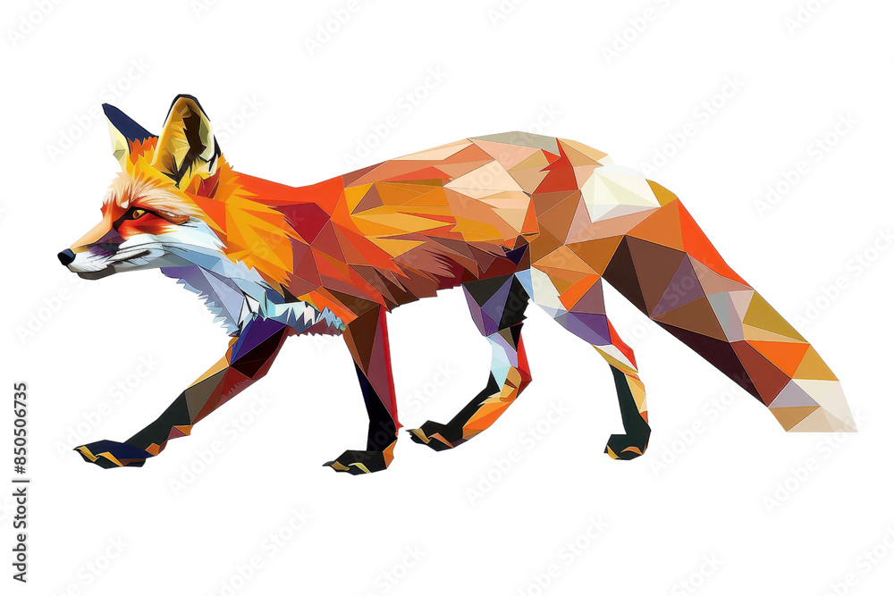 Obraz premium Colorful geometric polygonal illustration of a fox on a transparent background, showcasing vibrant and artistic wildlife art.
