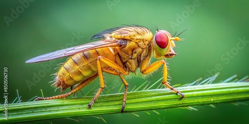Close-up photo of a Scathophaga stercoraria, also known as a yellow dung fly, sitting on a blade of grass photo